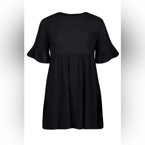 Boohoo Petite Ribbed Frill Sleeve Smock Dress in size 4 in black - Picture 3 of 6